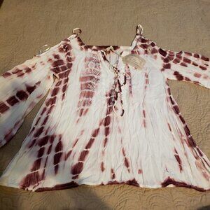 HYKU Tie Dye Cold Shoulder Belle Sleeve Top